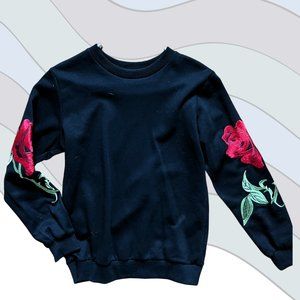 Black Pullover Sweatshirt with Rose Embroidery Elbow Patch